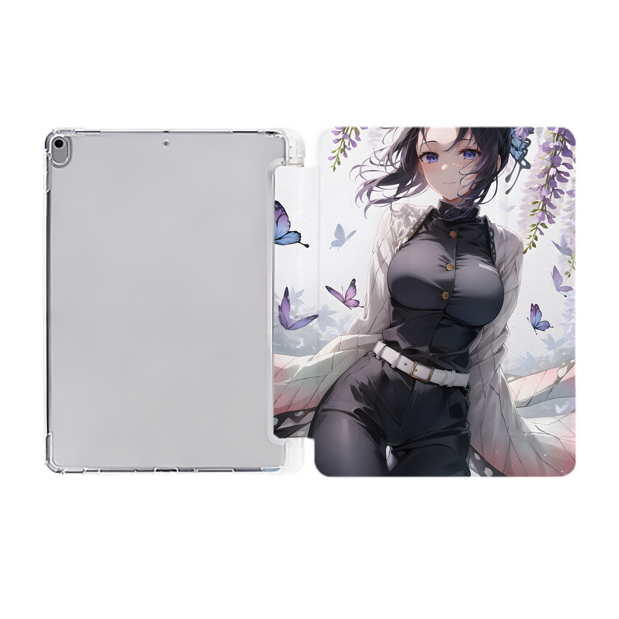 （画像用） 鬼滅の刃（きめつのやいば）蟲柱-胡蝶 しのぶ／こちょう しのぶ Kochou Shinobu IPad ケース ペン収納付き 三つ折りスタンド PUレザー×シリコン 対応機種9.5/10.5/10.9インチ